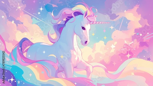 Immerse yourself in a whimsical world of rainbow unicorns set against a backdrop of sparkling stars This holographic illustration awash in soft pastel hues features a vibrant multicolored sk