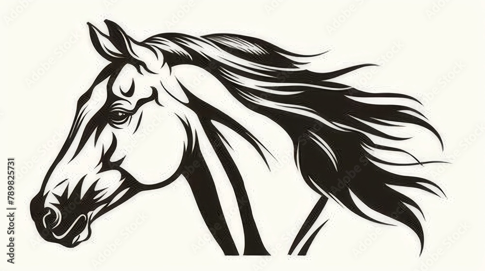 A horse's head in black and white, featuring long mane, depicted as a horseshoe-shaped silhouette A horse's head in black and white, featuring long mane, depicted as a horseshoe-shaped silhouette