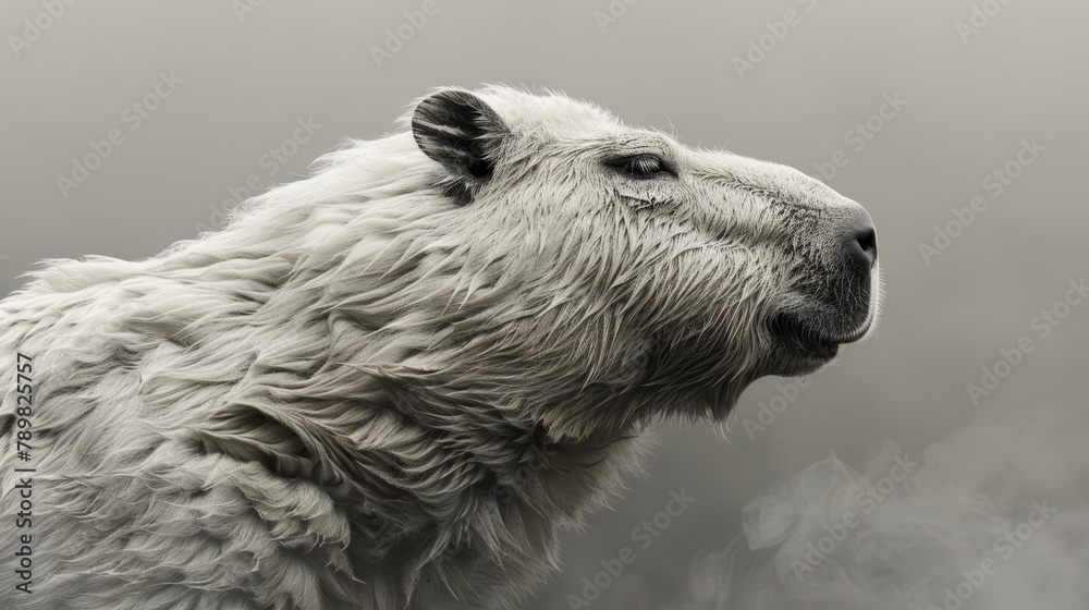 Fototapeta premium A sheep's head in sharp focus, surrounded by a hazy foggy sky Few leaves dot the foreground