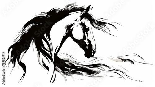   A monochrome depiction of a horse s head with flowing mane  dancing in the wind against a pristine white backdrop