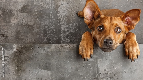  A tight shot of a dog resting on a cement slab, its head extending past the wall's edge