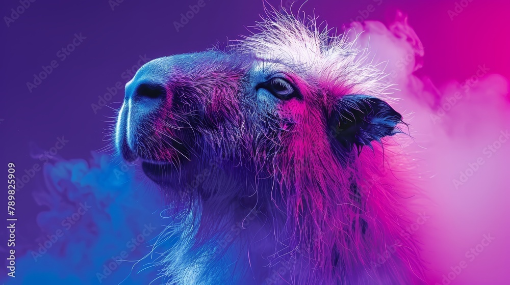 Obraz premium A tight shot of a sheep's expressive face against a backdrop of shifting purple, blue, and pink lights