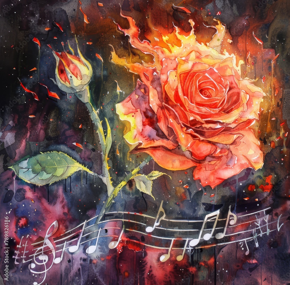  A rose and music notes, depicted in watercolor