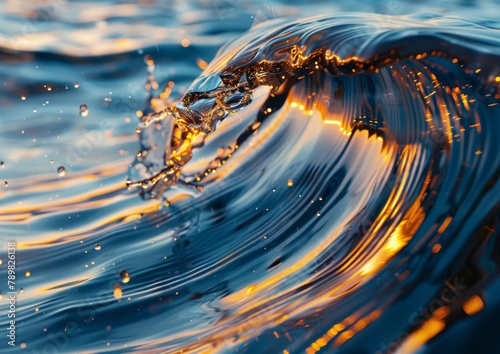  A tight shot of a wave in the ocean, displaying water splashing at its crest and trough