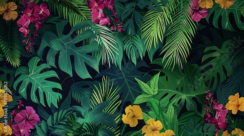   A tropical scene with dark backdrop, left side features green foliage and vibrant yellow and pink blooms