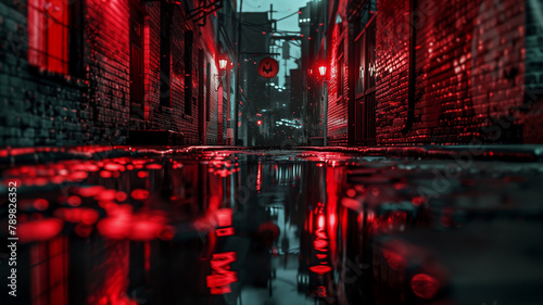 Rainy alley with red lights.