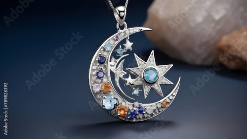 :A celestial-inspired moon and star pendant crafted from sterling silver and shimmering gemstones  photo