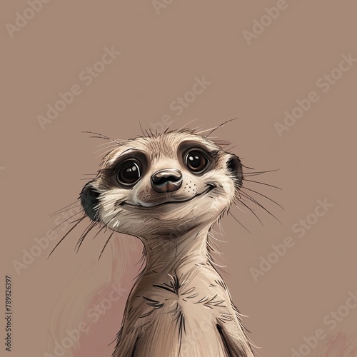  A meerkat directly gazes at the camera with wide-open eyes and a smiling face