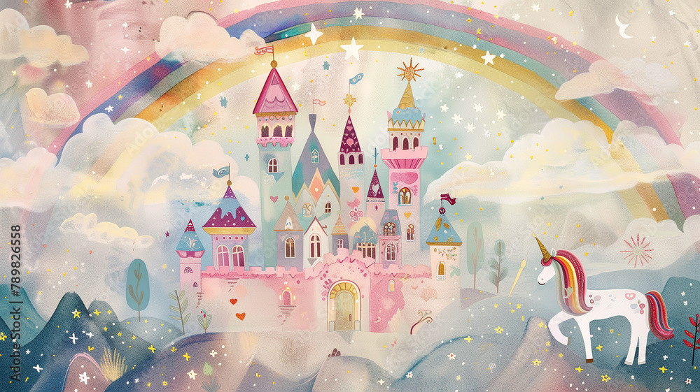 Fantasy castle with unicorn. Fantasy castle with unicorn.