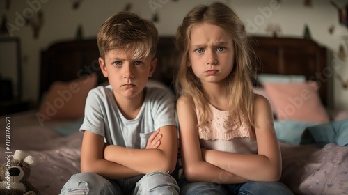 A boy and a girl are sitting on a bed looking upset.