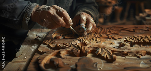 A carpenter is carving a pattern on his workpiece. photo