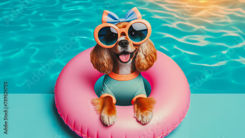 Funny dog wearing summer fashion on swimming pool background with creative copy space. Summer Vacation Concept. © mim.girl