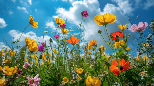 Colorful flowers in a meadow on a sunny summer day.