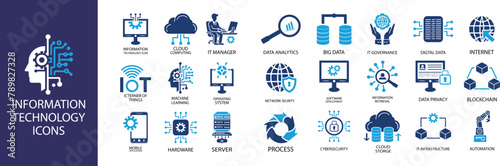 Information Technology icon set. Containing cloud computing, IT manager, big data, data analytics, internet, network security and more. Solid vector icons collection