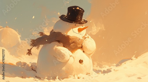 A whimsical image of a headless snowman striking a comical pose by holding its own head complete with a stylish top hat photo
