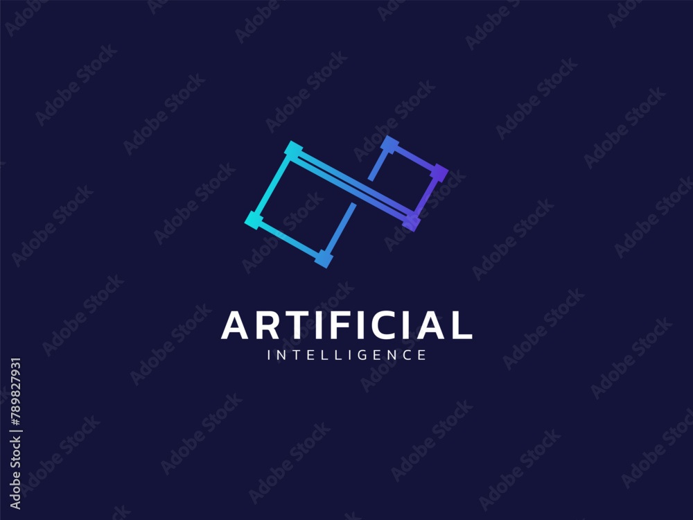 Artificial intelligence with square geometric network lines twisted infinity symbol technology Analysis logo vector design concept. AI technology logotype for advance technology, tech company, ui, web