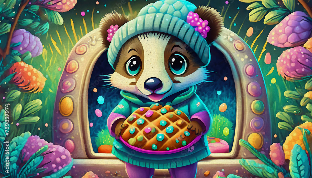 cartoon character Multicolored baby a badger baking bread in the oven, oil painting style