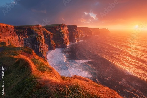 Stock photography of the Cliffs of Moher at sunset, Ireland, dramatic cliffs meeting the Atlantic Ocean, wild and breathtaking