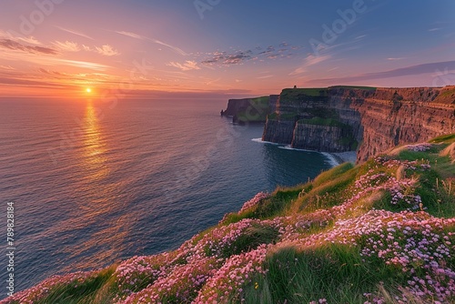 Stock photography of the Cliffs of Moher at sunset, Ireland, dramatic cliffs meeting the Atlantic Ocean, wild and breathtaking photo
