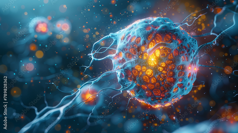 a human cell under severe oxidative stress Show intricate details of mitochondria and DNA struggling against oxidative damage a human cell under severe oxidative stress Show intricate details of mitochondria and DNA struggling against oxidative damage