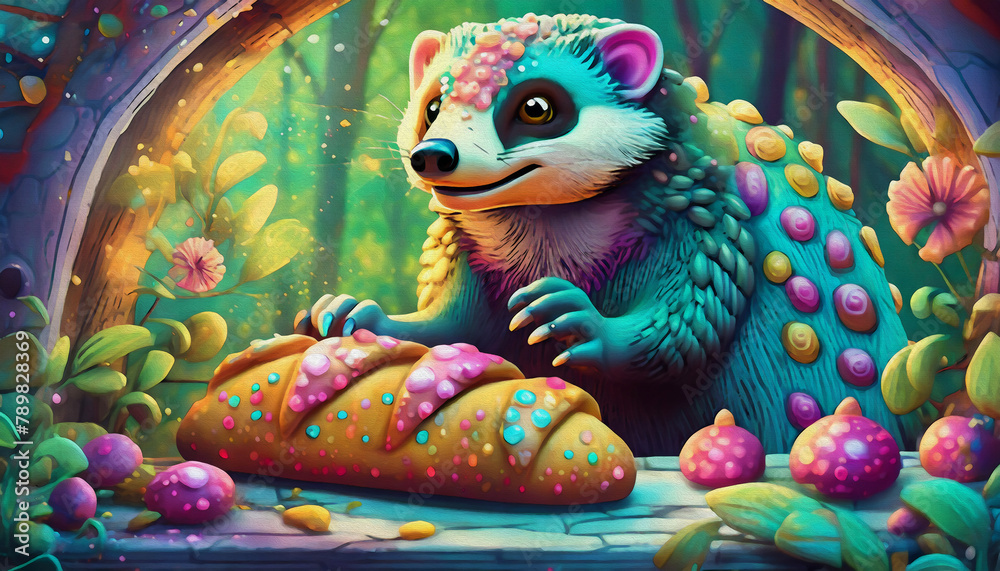 cartoon character illustration Multicolored badger baking bread in the oven, oil painting style