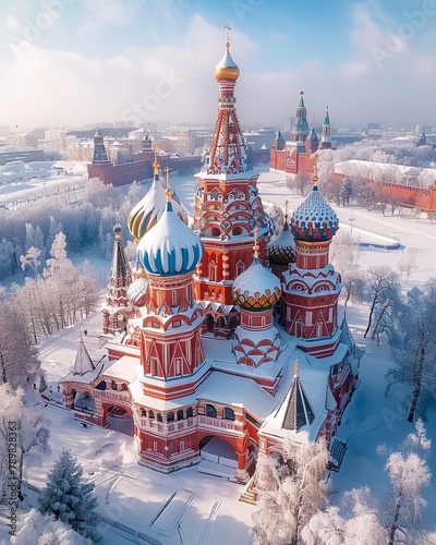 A aerial shot of Saint Basils Cathedral during a snowy winter, with its whimsical domes adorned with snow, stockphoto photo
