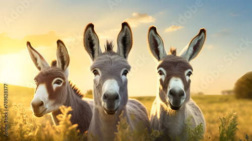 three donkeys are wandering in the meadow Scenic Beauty on a sunlight background
