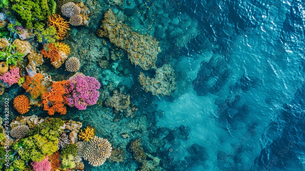 Aerial stock image of the Great Barrier Reef, Australia, vivid coral formations underwater, diverse marine life, natural and vibrant