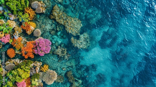 Aerial stock image of the Great Barrier Reef, Australia, vivid coral formations underwater, diverse marine life, natural and vibrant © NatthyDesign