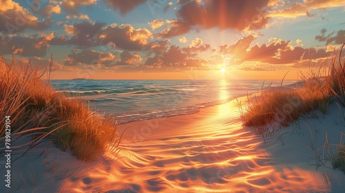 Create a stunning photorealistic image of a serene sandy beach at sunset , 3D ,ultra HD,digital photography