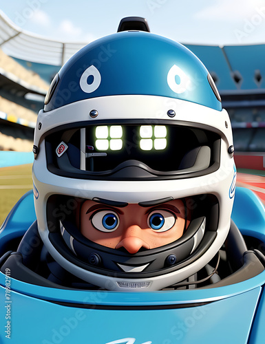 Closeup of A Racer in a helmet driving a car on the track. fully covered face, visible shining eyes, fun © Prateek