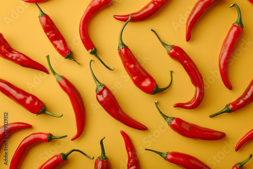 Overhead view of red chilli peppers on a bright yellow background