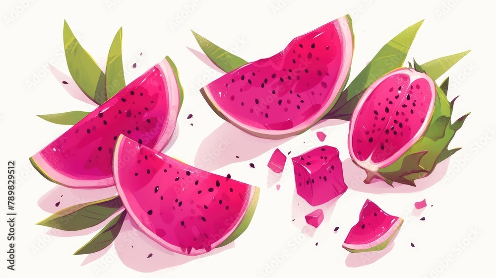 Vibrant half slices of red pitaya fruit stand out against a clean white backdrop embodying the essence of summer s bounty for a healthy lifestyle This organic delight depicted in a charming Vibrant half slices of red pitaya fruit stand out against a clean white backdrop embodying the essence of summer s bounty for a healthy lifestyle This organic delight depicted in a charming