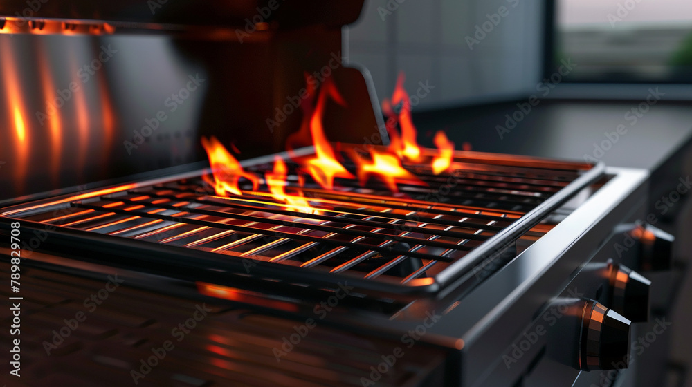 A sleek barbecue grill with sizzling flames.