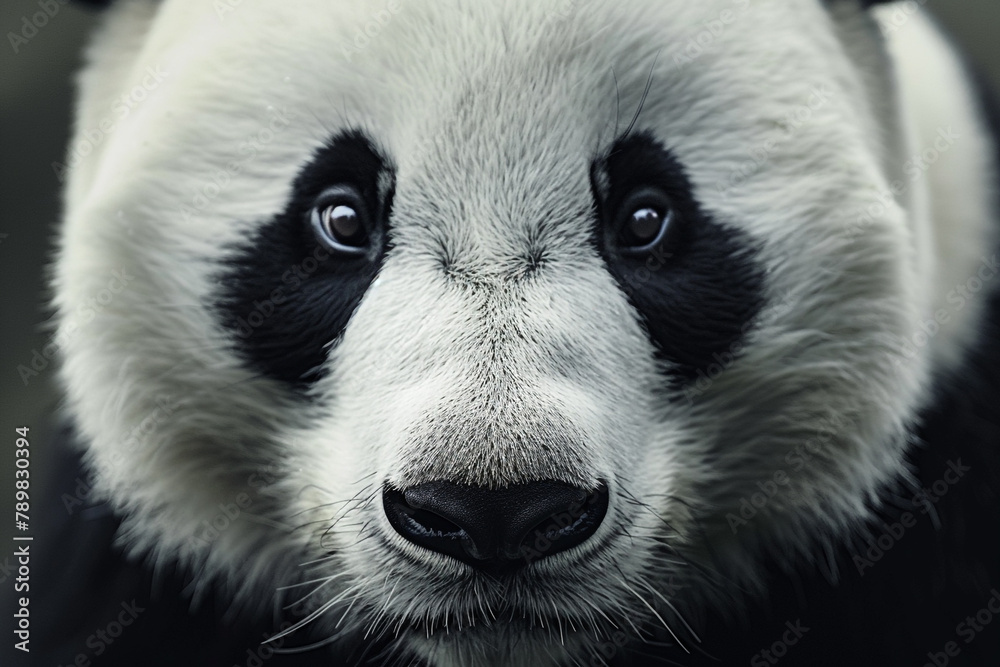 Detailed close-up of a minimalist black and white panda face on a white surface, showcasing the beauty of simplicity. Detailed close-up of a minimalist black and white panda face on a white surface, showcasing the beauty of simplicity.