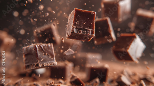 Fudge squares airborne in a rich dynamic chocolate confectionery scene photo