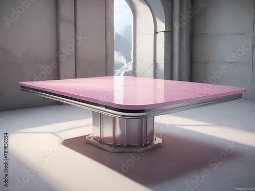 The empty space table was shiny silver with pink inserts, and the background was a rough white limestone © Rapeeporn