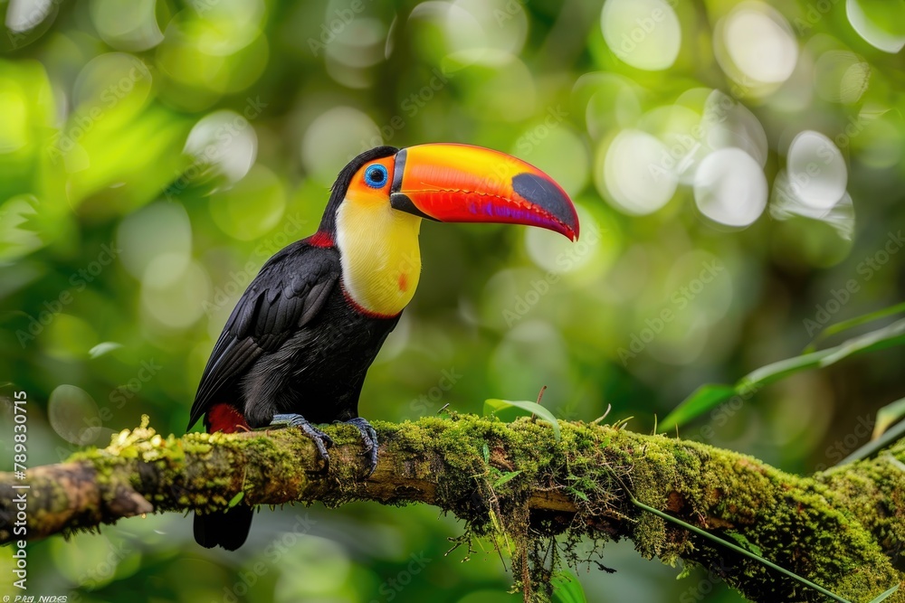 Fototapeta premium a hornbill or toucan bird on branch of tree in forest 