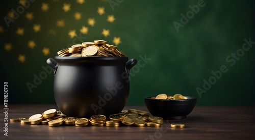 A black pot full of gold coins and shamrock leaves, green background for design, Stars in Background and copy space, gold 