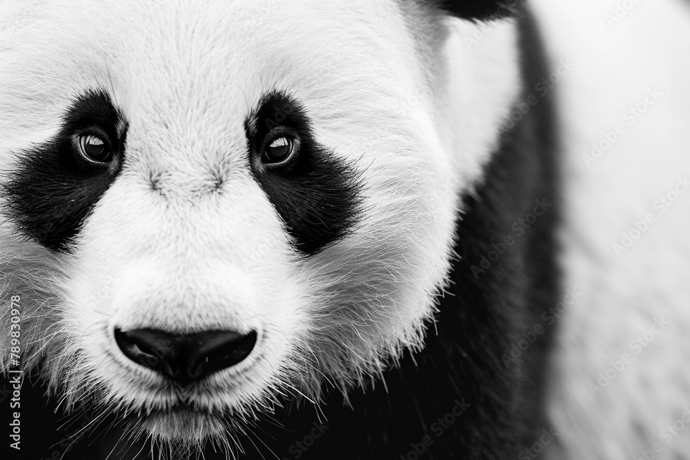 Detailed close-up of a serene black and white panda face on a white background, capturing its elegance and grace. Detailed close-up of a serene black and white panda face on a white background, capturing its elegance and grace.