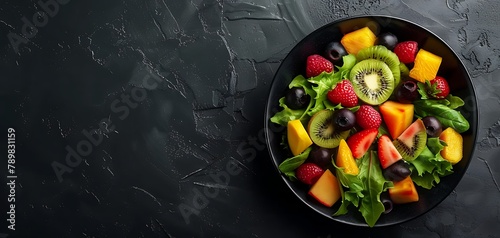 a bowl of healthy fresh fruit with salad leaves isolated on dark background