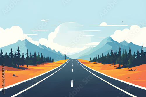 Road leading to Mountains. Vector background. Nature landscape. Sunset in the mountains.  