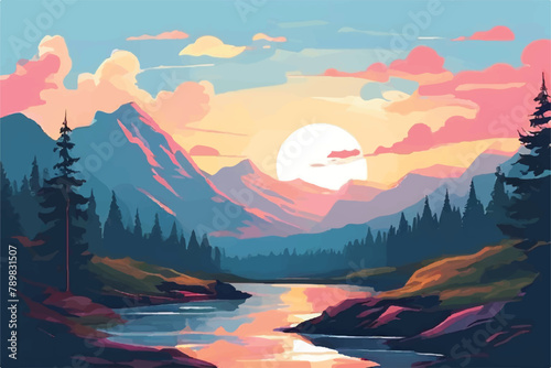 Beautiful Sunset in mountains. Vector Background. Sunset in the mountains.  image of a sunset, the dawn sun over the mountains in the background and a thick forest down to the valley. photo