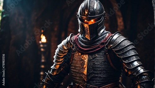 a black theme knight warrior on medieval era with glowing armor from Generative AI