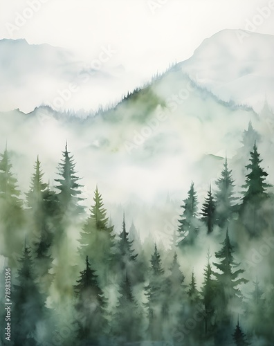 Watercolor painting of fog in the mountains with trees mossy, eco bohemian aesthetic wall print, banner, wallpaper, invitation card, HD Realistic  © Mockup Lab
