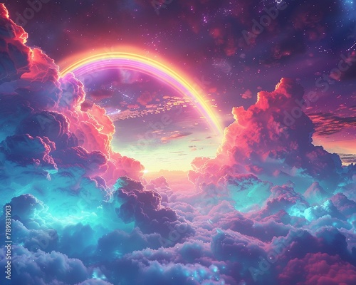 Generate a futuristic landscape where neoncolored clouds move in harmony with vibrant rainbows  showcasing a surreal and otherworldly view   3D  ultra HD digital photography