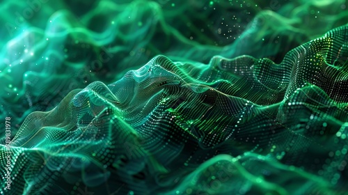 Abstract digital green waves with sparkling particles on dark background. Technology and data visualization concept