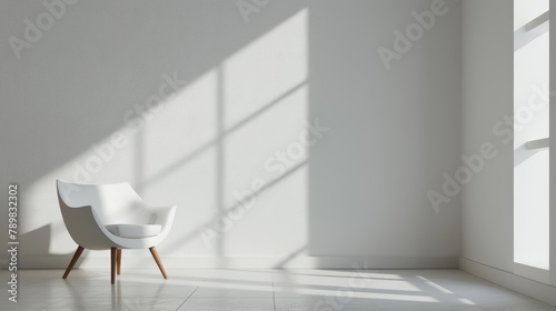 Modern white chair in a bright room with shadows from window light. Minimalist interior design