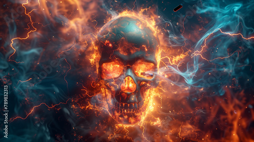 A skull = flaming balls labeled with tasks, anger evident in facial expression , dramatic lighting