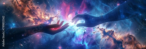 Conceptual design of a hand reaching out from a galaxy, touching a human hand against a backdrop of cosmic energy, denoting connection and creation	 photo